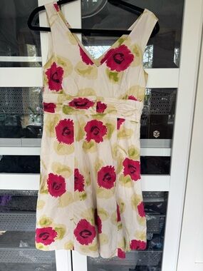 Boden Cream Midi Dress with Fuchsia Floral Print, size 6